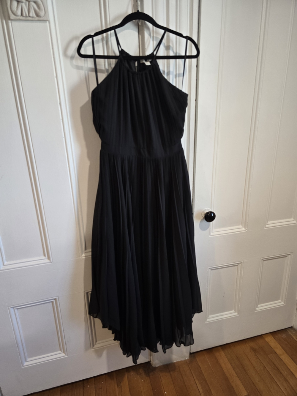 Boston Proper Black Halter Style Chiffon Midi Dress with Flowing Skirt